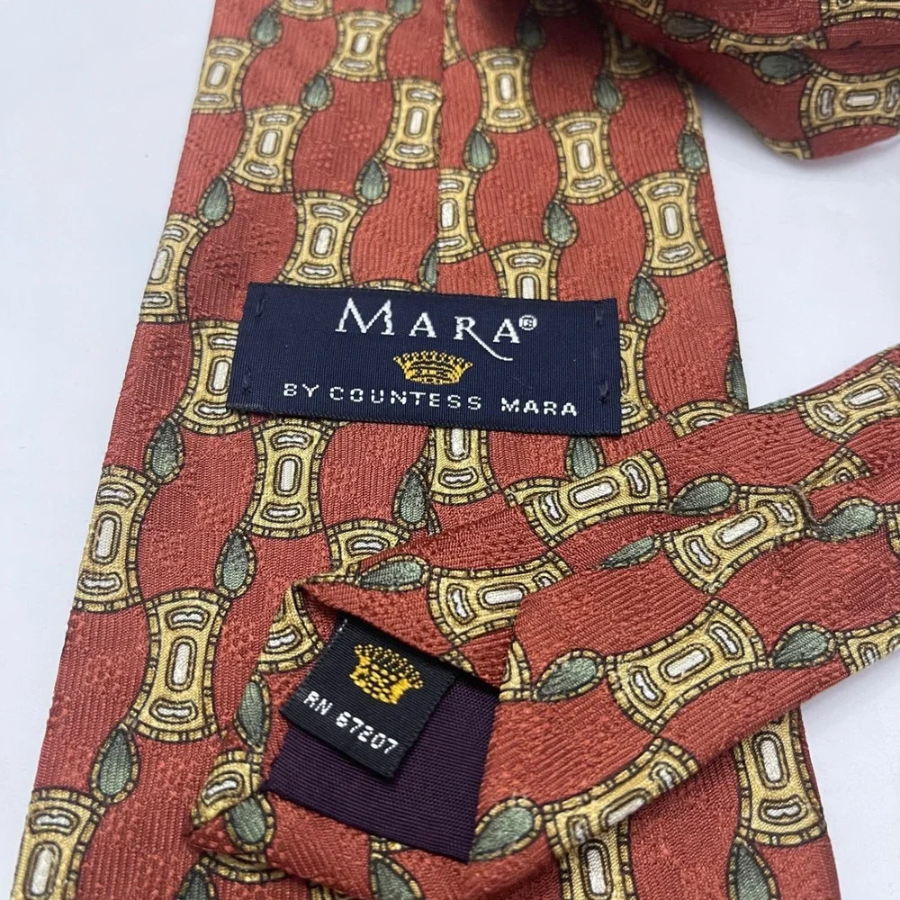Countess Mara Silk Tie Mens Rust Orange Green Geometric Medallion Made in USA